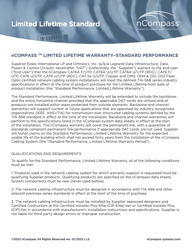 Limited Lifetime Warranty Standard Performance Systems